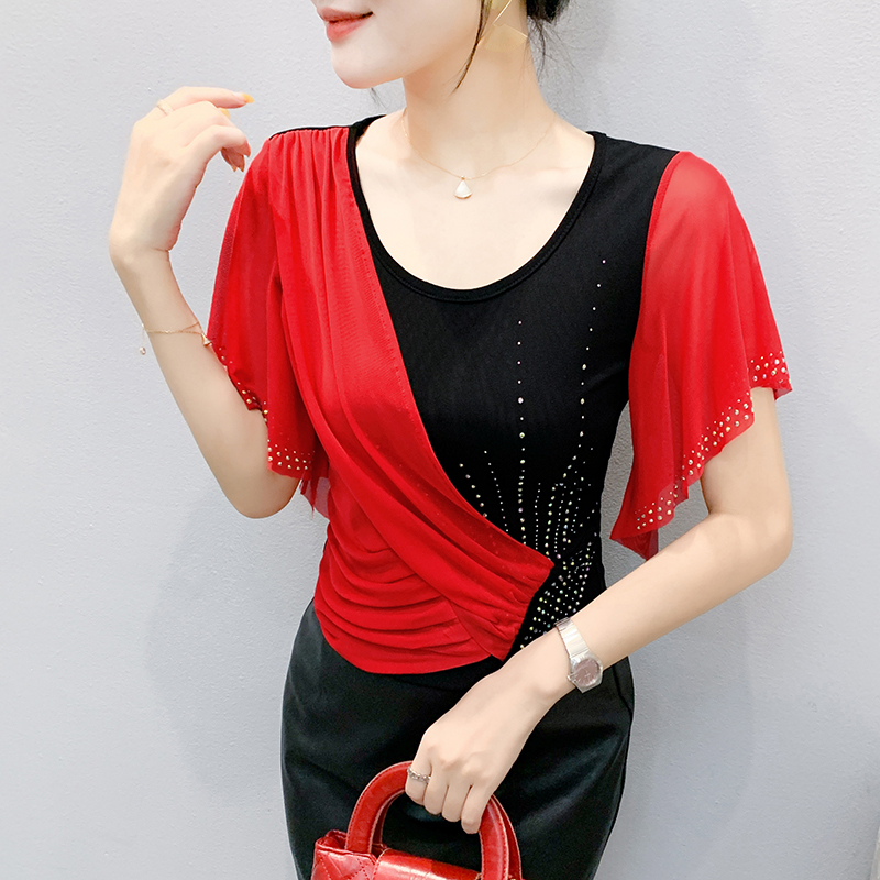 Beaded Trim Fringe - Top de malla para mujer de