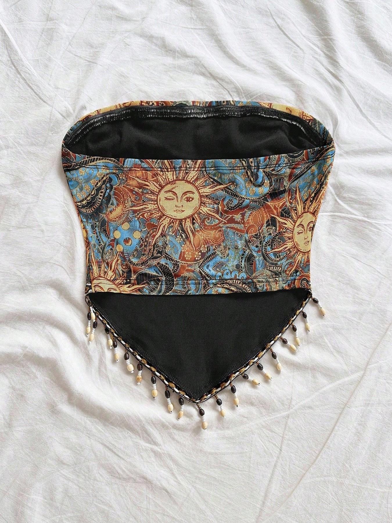 Top de tubo de punto de malla  - Beaded Trim Fringe reseña y precio