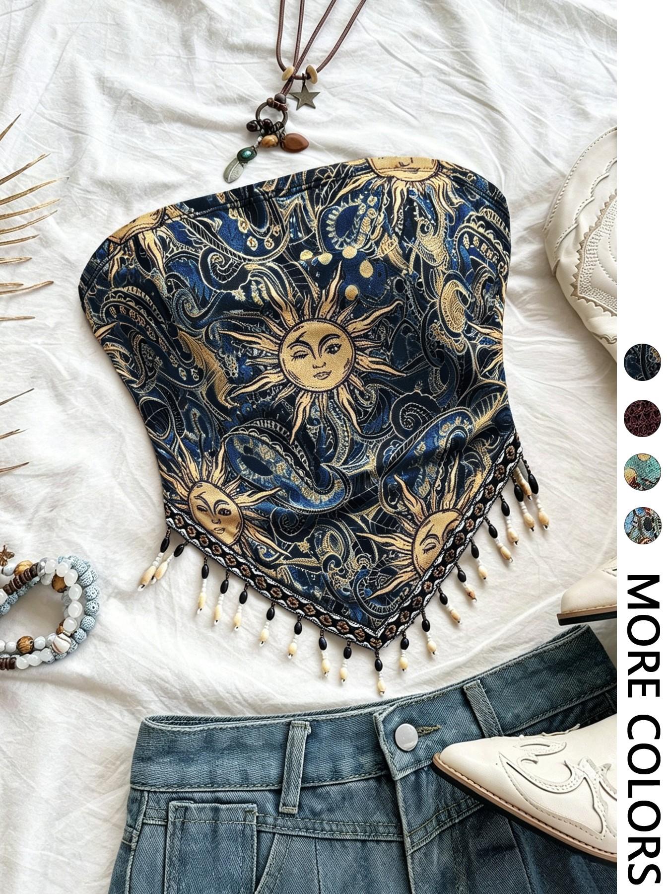 Top de tubo de punto de malla  - Beaded Trim Fringe reseña y precio